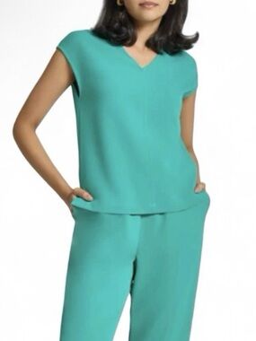 Ming Wang S Crepe Emerald Awe V-Neck Boxy Side Slit Front Seam Dressy Blouse